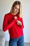 Women's Red Basic Knit Sweater with Cuff Buttons
