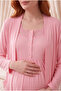Women's Light Pink Short-Sleeved Lace Breastfeeding Pajama Set with Buttoned Pockets, 3-Piece Maternity Pajama Set - 3