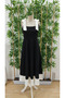 Women's Black Square Neck Shoulder Bow Tie Strap Skirt with Contrast Stripe at Hem Midi Flared Dress - 5