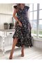 Women Short Sleeve Double Breasted Lapel Elastic Waist Floral Print Dress - 4
