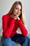 Women's Red Basic Knit Sweater with Cuff Buttons - 2