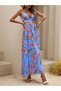 Women's Halter Neck V-Neck Slit Long Patterned Single Jersey Dress with Rope Straps - 3