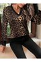 Women's Leopard Patterned V-Neck Long Sleeve Button Detailed Cuffed Comfortable Fit Blouse - 4