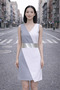 Women's Double Breasted Collar Sleeveless Geometric Patterned Waist Detailed Above Knee Stylish Casual Gray Dress - 2