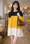 Women's Round Neck Long Sleeve Contrast Panel Detailed Stylish Loose Casual Black Yellow Dress