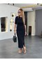 Women's Black Crew Neck Half Sleeve Side Slit Gathered Midi Length Lycra Pencil Dress - 7