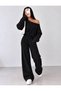 Women's Ribbed Knitted Fabric Asymmetrical Collar Black Sweatshirt-Black Wide Leg Pants Set - 2