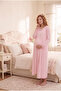 Women's Light Pink Short-Sleeved Lace Buttoned Long Nightgown with Pockets and Lace Detailing, 2-Piece Maternity Pajama Set - 4