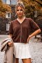 Brown V-Neck Short Sleeve Front Ornamental Buttoned Non-Stitched Casual Knitwear Sweater 58 60