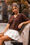 Brown V-Neck Short Sleeve Front Ornamental Buttoned Non-Stitched Casual Knitwear Sweater 58 60 - 4