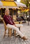 Burgundy Polo Collar Cuffed Sleeves Half Placket Buttoned Scarf Necklace Casual Knitwear Sweater 63 63 - 5