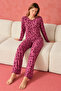 Women's Patterned Crew Neck Premium Lilac Pajama Set - 6