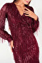 Fringed Sequin Fabric Pencil Dress - BURGUNDY - 4