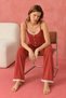 Women's Lace Embroidered Strappy Buttoned Red Pajama Set - 2