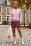 Pink Polo Collar Cuffed Sleeves Striped Half Placket Buttoned Hem Lycra Knitted Sweater 62 60 - 7