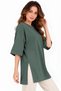 Women's Standard Size Double Sleeve Tile Color T-Shirt with Side Slits - 2