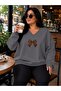 3 Yarn Combed Cotton Plus Size Ribbon Printed V-Neck Sweatshirt Aow3