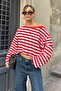 Women's Red Striped Off-Shoulder Oversize Blouse - 6