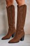 Django Women's Suede Brown Embroidered Pointed Toe Thick Heeled Below the Knee Western Cowboy Boots - 7