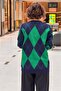 Green Navy Blue Color Diamond Patterned Sweater - 4