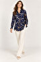 Women's Navy Blue Chain Patterned Long Sleeve Viscose Shirt -