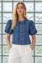 Women's Blue Jacquard Patterned Balloon Sleeve Denim Blouse Jacket - 5