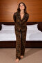 Women's Patterned Buttoned Shirt Collar Brown Pajama Set - 4