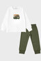 Boy's Caravan Printed Pajama Set White Top Khaki Green Bottom Long Sleeve 2-Piece Pajamas