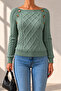 Women's Boat Neck Hair Knit Patterned Button Detailed Mint Knitwear Sweater - 2