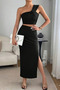 Women's Black One-Shoulder Twist Crop Top + High-Waisted Ribbed Slit Skirt Set - 2
