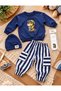 Baby Boy 4-Piece Capybara Printed Set – Sweatshirt, Striped Sweatpants, Hat, Socks in Navy Blue Color - 3