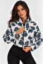 Floral Patterned Stand Collar Crop Bomber Coat - 3