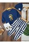 Baby Boy 4-Piece Capybara Printed Set – Sweatshirt, Striped Sweatpants, Hat, Socks in Navy Blue Color - 2
