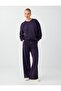 Purple Elastic Waist Wide Leg Straight Cut Modal Trousers - 2