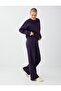 Purple Elastic Waist Wide Leg Straight Cut Modal Trousers - 5