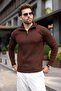 Brown Stand Collar Half Zipper Striped Men's Knitwear Sweater E7535