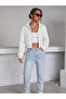 Women's White Hooded Zippered Oversize 3 Thread Raised Crop Cardigan