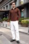Brown Stand Collar Half Zipper Striped Men's Knitwear Sweater E7535 - 2