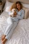 Women's Knitted Shirt Collar Blue Pajama Set - 5