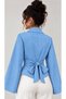 Striped Asymmetrical Cut Spanish Sleeve Double Breasted Collar Waist Tie Belted Slim Cotton Shirt Blouse