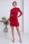 Women's Long Sleeve Ruffle Trim Smocked Mini Dress Stretchy Black, Brown, Red, Burgundy - 4