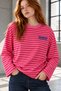 Women's Red Striped Long Sleeve Oversize T-Shirt Crew Neck 100% Cotton - 5