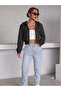 Women's Black Hooded Zippered Oversize 3 Thread Raised Crop Cardigan