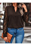 Women's Long Sleeve Lapel Button Detail Laced Sleeve Crepe Blouse