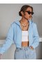 Women's Baby Blue Hooded Zippered Oversize Cut 3 Thread Ribbed Crop Jacket - 3