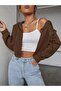 Women's Brown Hooded Zippered Oversize Cut 3 Thread Ribbed Crop Jacket - 3