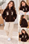 Girl's Plush Coat Brown Zippered Printed Teddy Fleece Jacket - 2