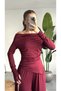 Women's Burgundy Madonna Boat Neck Asymmetrical Cut Top and Wide Leg Elastic Pants Viral Two-Piece Set - 3
