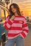 Women's 100% Cotton Pink Striped Long Sleeve Crew Neck Oversize T-Shirt - 4