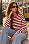 Women's 100% Cotton Crew Neck Burgundy Striped Oversize Sweatshirt - 2